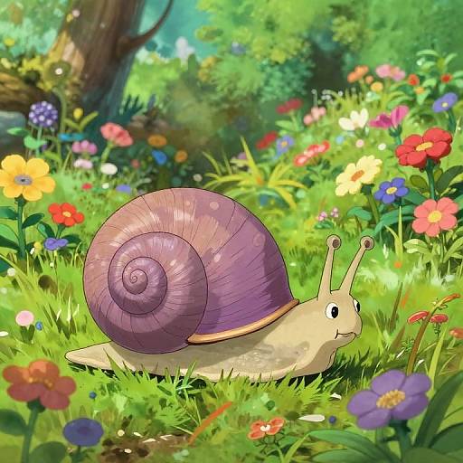Colorful digital illustration of a purple and white snail with antennae, navigating a vibrant, sunlit meadow filled with diverse flowers.