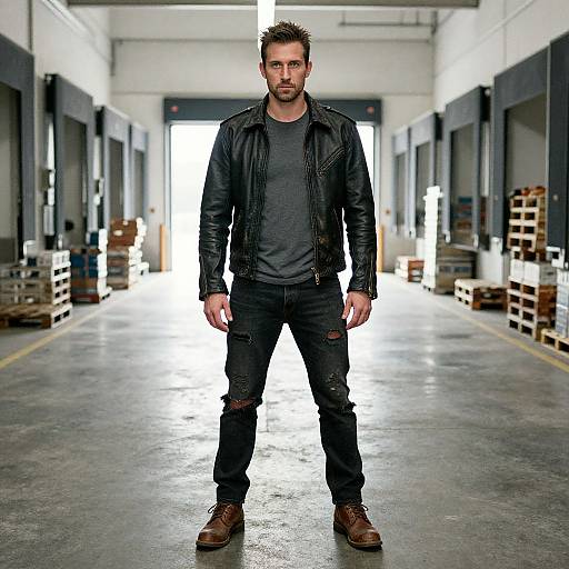 Photograph of a muscular, bearded man with short brown hair, wearing a black leather jacket, gray shirt, and black jeans, standing in a