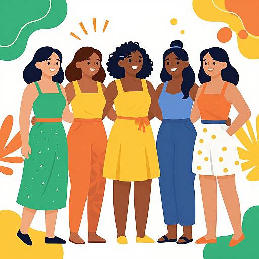 Illustration of five smiling, diverse women in colorful dresses and pants, standing together against a white background with abstract green, yellow, and orange shapes.