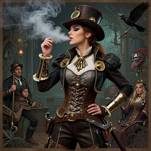 Steampunk woman in black corset and hat smokes while standing confidently, surrounded by Victorian-era characters in ornate, gothic setting. Digital