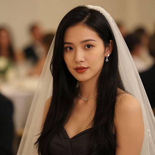 Photograph of an Asian bride with long black hair, red lipstick, wearing a black strapless dress and white veil, in a softly lit, blurred
