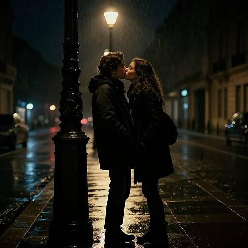 Photograph of a couple kissing under a streetlamp on a rainy, dark, urban night, illuminated by soft, glowing light.