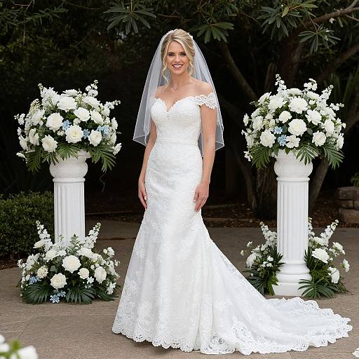 Photograph of a smiling blonde bride in a white lace off-shoulder wedding dress and veil, standing between two tall white pillars adorned with white flowers