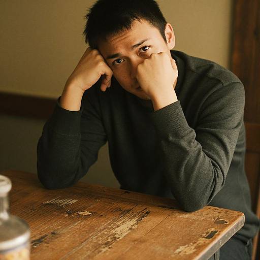 Photograph of a contemplative Asian man with short black hair, wearing a dark gray sweater, resting his chin on his hands at a worn wooden table