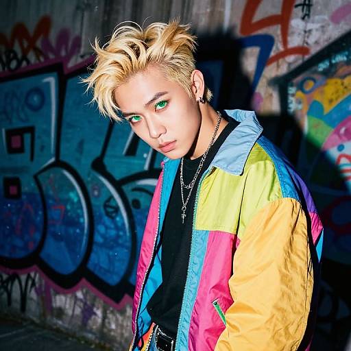 Photograph of a blonde, androgynous person with green eyes, wearing a colorful rainbow jacket, black shirt, and silver necklace, standing in