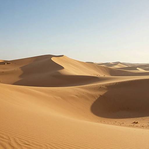 Photograph of golden sand dunes under a clear, bright blue sky with sunlight casting shadows across the smooth, rippled textures.