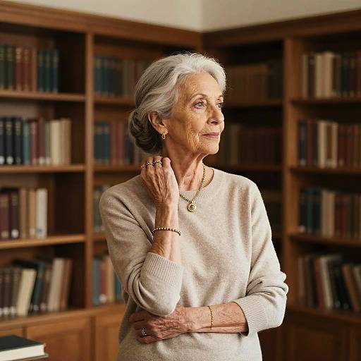 Photograph of an elderly white woman with short gray hair, wearing a beige sweater and gold jewelry, standing in a wooden-paneled library with booksh