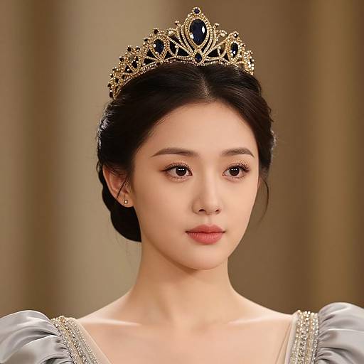 Photograph of an Asian woman with fair skin, black hair in an updo, wearing a gold crown and light blue satin dress with puffed sleeves