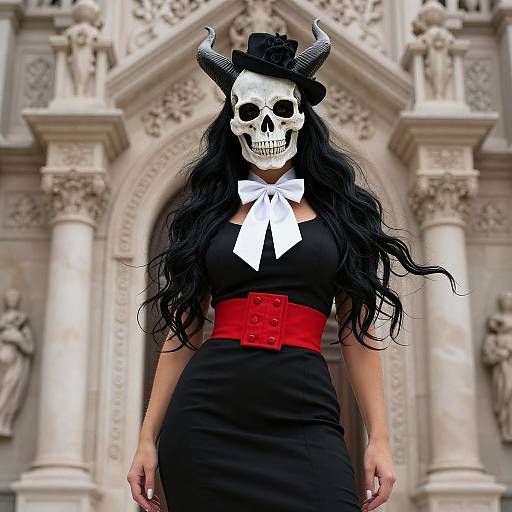 Digital art of a woman with a skull mask, black top hat, black dress, red corset, white bow, long black hair, standing in
