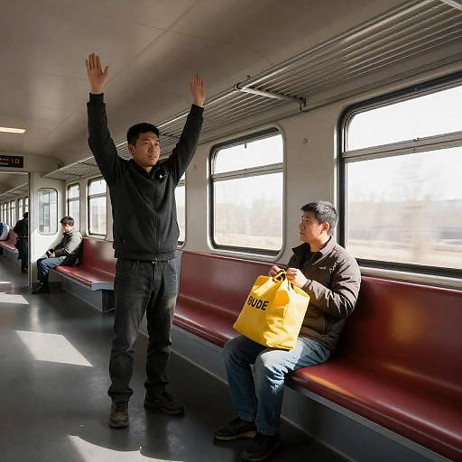 Sunlit Train Interior Scene with Men