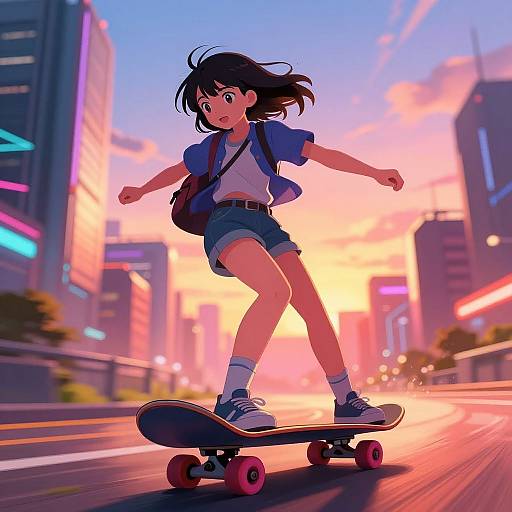 Anime-style digital illustration of a young girl with black hair, blue shirt, and denim shorts, skateboarding on a neon-lit city street during a