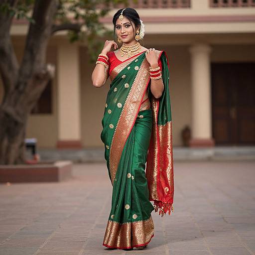 Photograph of a beautiful Indian woman in a green and gold saree with red border, gold jewelry, black hair, standing confidently outdoors in a courtyard