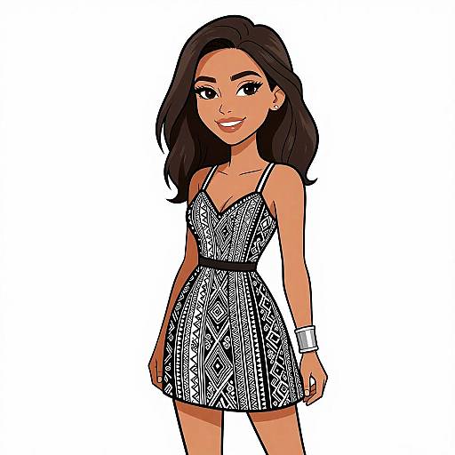 Digital illustration of a smiling young woman with medium brown skin, long black hair, wearing a black and white patterned, sleeveless mini dress, white