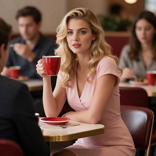 Blonde Woman in Pink Dress Dining