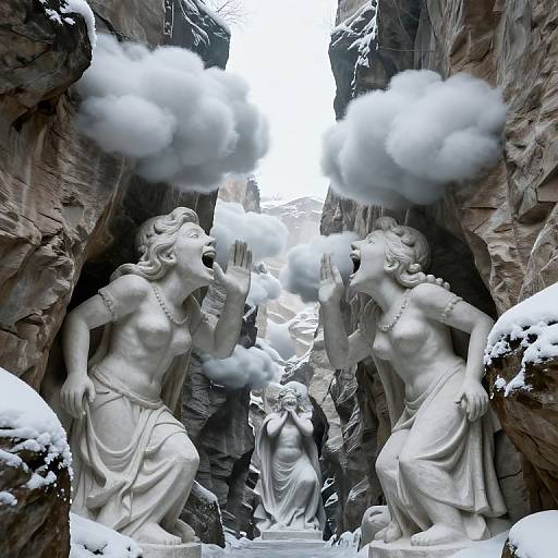 Photograph of two white marble statues of women with cloud-like wisps in their mouths, kneeling in a snowy canyon-like rock formation. Central figure kne