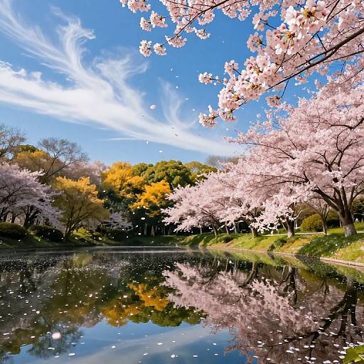 Photograph of a serene lake reflecting vibrant pink cherry blossoms and yellow-green trees under a bright blue sky with wispy clouds.