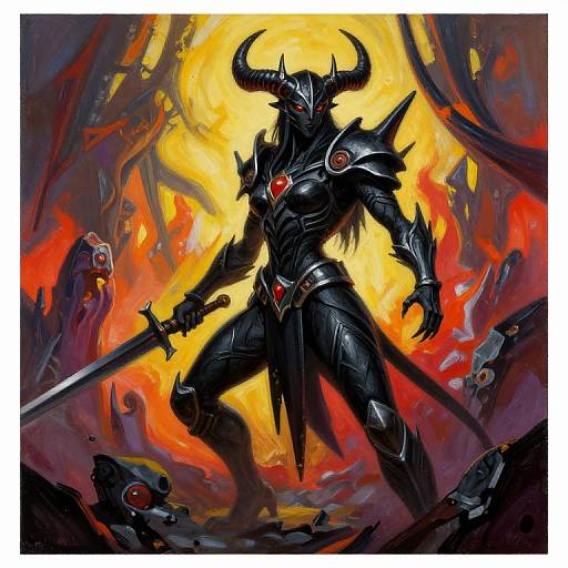 Digital fantasy artwork: Dark horned warrior in black armor with red accents, holding a sword, standing in a fiery, chaotic background with skeletal creatures.