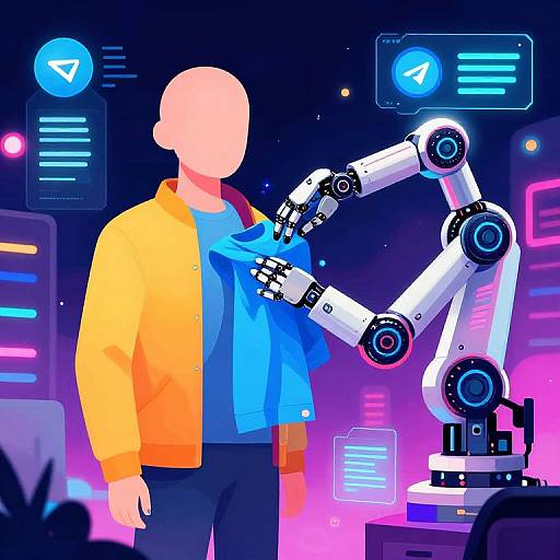 Digital artwork: Faceless human in orange jacket and blue shirt, interacting with robotic arm in neon-lit sci-fi laboratory.
