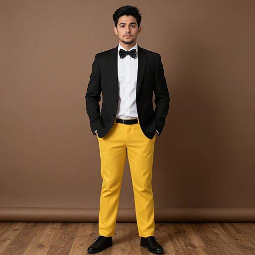 Photograph of a young man with short curly black hair, wearing a black tuxedo jacket, white shirt, black bow tie, yellow pants,