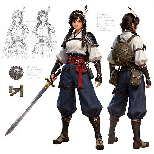 Digital character design of a female warrior in traditional Japanese attire, featuring a sword, backpack, and various sketches, highlighting front and back views.