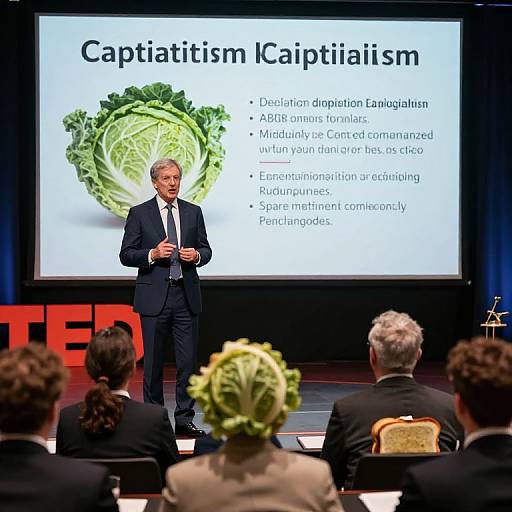 Photograph of a businessman in a suit standing on stage, speaking in front of a presentation screen displaying 