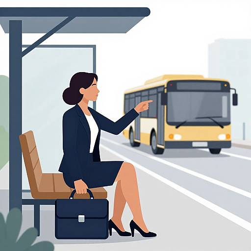 Digital illustration of a businesswoman in a black suit, white blouse, and heels, waving at a passing city bus at a modern bus stop. She