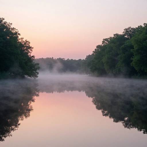 Photograph of a tranquil, mist-covered river at dawn, reflecting a soft pink and orange sky, bordered by dense, dark green trees.