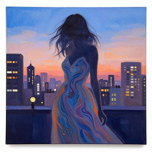 Digital painting of a silhouetted woman in a wavy, colorful dress, standing on a rooftop at sunset, with a cityscape of lit