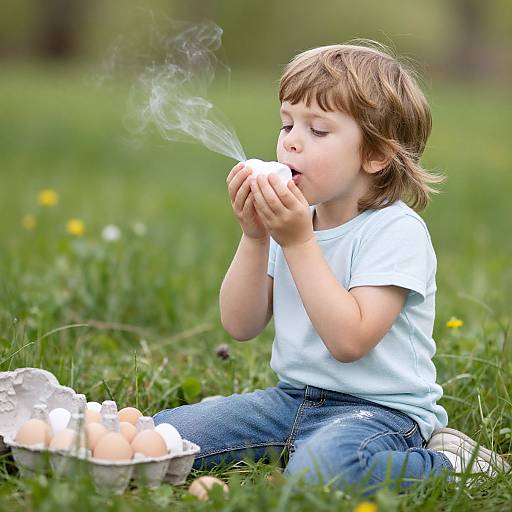 Photograph of a young boy with light brown hair, wearing a white shirt and blue jeans, eating a steaming egg outdoors on grass. Egg cart