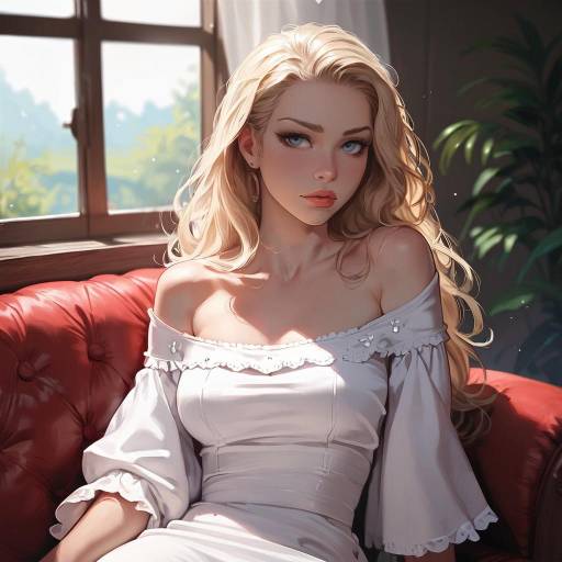 Blonde Girl in Off-Shoulder Dress