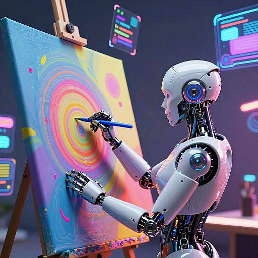 Neon-lit cybernetic robot painting vibrant, multicolored spiral on canvas with blue brush, surrounded by glowing control panels. Digital art style