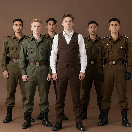 Portrait of Six Men in Military and Casual Attire