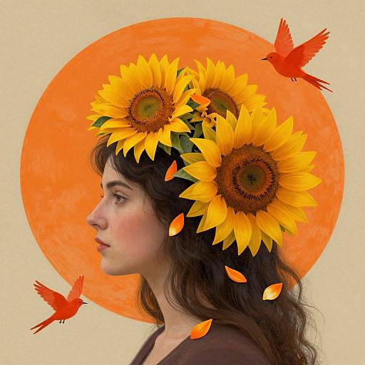 Digital artwork: Side profile of a woman with sunflower crown, orange sun behind, two red birds, and scattered petals. Ethereal, vibrant,