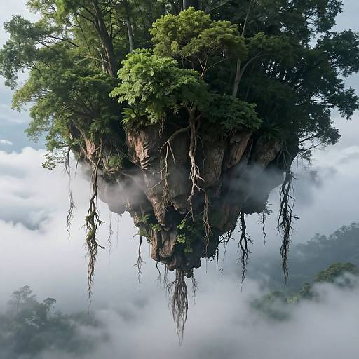 Photorealistic CGI of a lush, tree-covered floating rock island with hanging roots, surrounded by misty clouds and distant treetops.