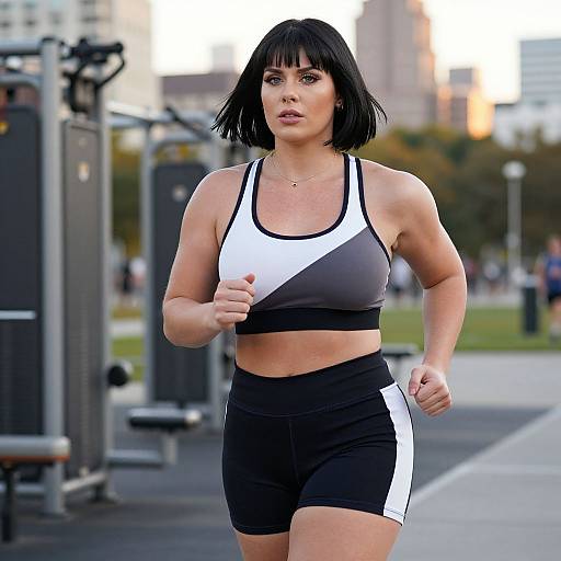 Photograph of a muscular woman with short black hair, wearing a black and white sports bra and black shorts, jogging outdoors in a city park.