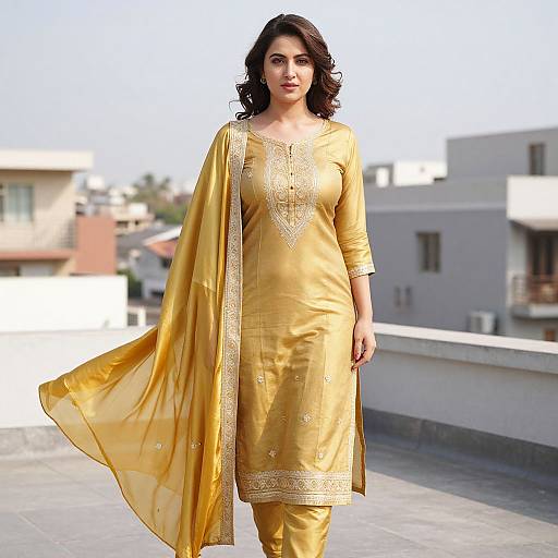 Photograph of a confident woman with medium-length dark hair, wearing a golden traditional kurti and dupatta with intricate gold embroidery, standing on a