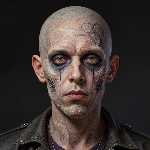 Photograph of a bald, pale-skinned man with intricate, circular, and swirling tattoos on his face, wearing a dark leather jacket, against a