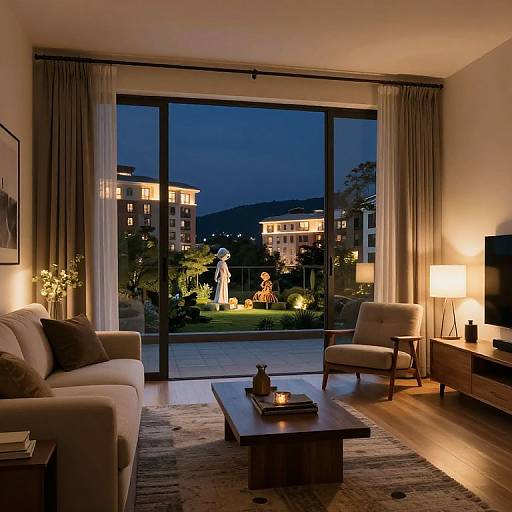 Photograph of a modern, warmly-lit living room at night, featuring a large window overlooking a illuminated garden with statues, and city buildings in the