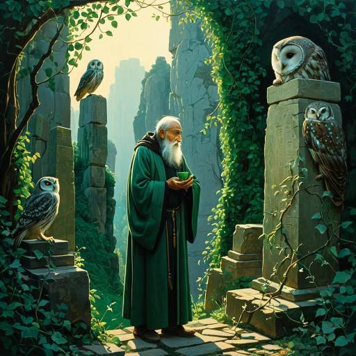 Elderly Hermit with Owl at Dawn