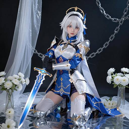 White-Haired Anime Warrior Kneeling