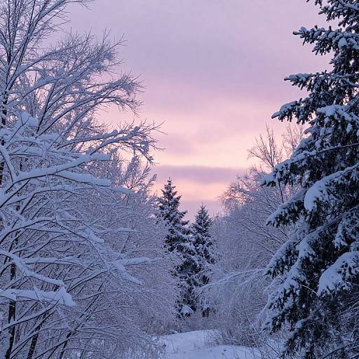 Photograph of a snowy forest at sunset, with trees heavily laden with snow, purple and pink sky, and a tranquil winter landscape.