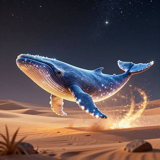 Digital illustration of a glowing blue whale leaping over a desert, surrounded by sparkling lights, with a starry night sky above.
