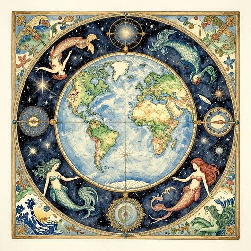Illustration of Earth with mermaids, dragons, and celestial symbols in a vibrant, ornate, circular design, evoking celestial mythology.