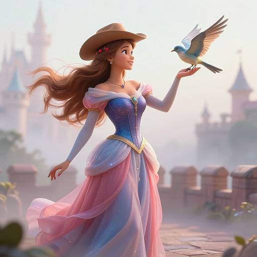 Digital illustration of a beautiful princess with long brown hair, wearing a blue and pink dress, hat, and off-shoulder sleeves, gently touching a