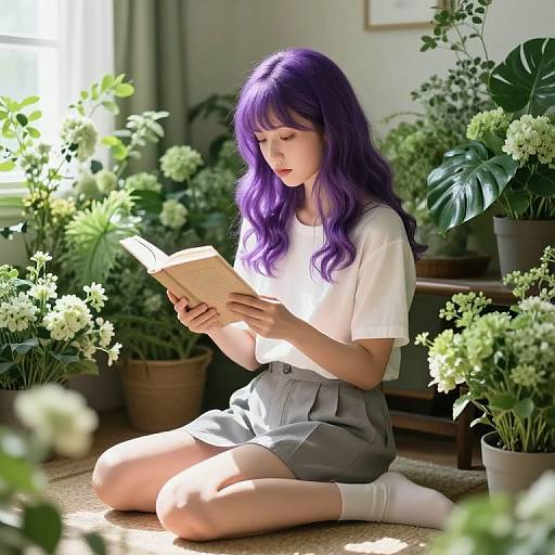 Photograph of a young woman with vibrant purple hair, wearing a white t-shirt and gray shorts, sitting on a carpeted floor surrounded by potted