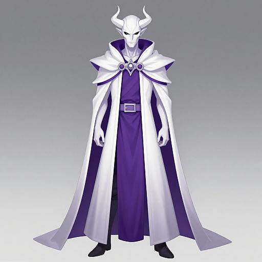 Digital illustration of a tall, white-armored, horned figure in a long, white and purple cloak, standing against a gradient gray background.
