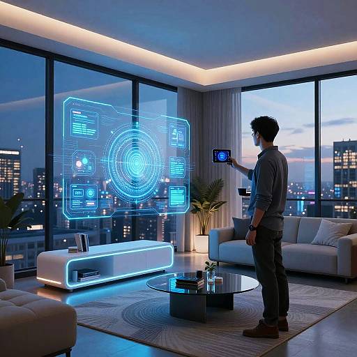 Modern living room with floor-to-ceiling windows, illuminated futuristic holographic interface projected, man in casual attire, city skyline at dusk.