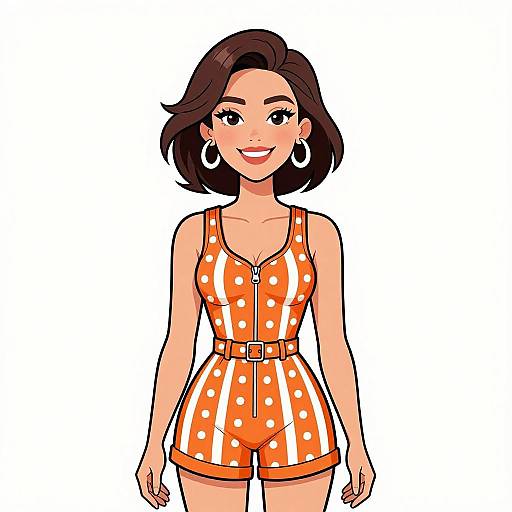 Digital illustration of a smiling woman with short brown hair, wearing an orange polka-dot romper with white stripes, large hoop earrings, and a belt