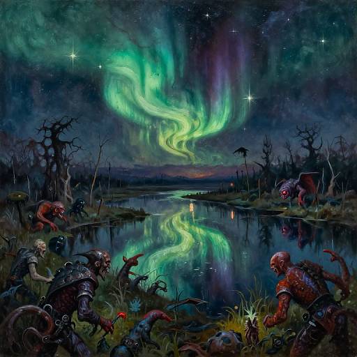 Digital fantasy painting of glowing green auroras reflecting on a dark, starry lake, surrounded by eerie, armored creatures and barren trees.