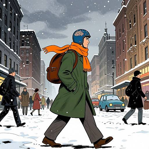 Digital illustration of a man in a green coat, orange scarf, and blue beanie walking in a snowy, urban street. Snowflakes fall,